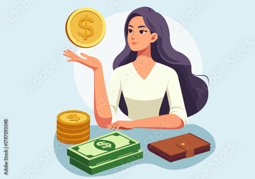 Illustration of a young woman managing finances and investments.