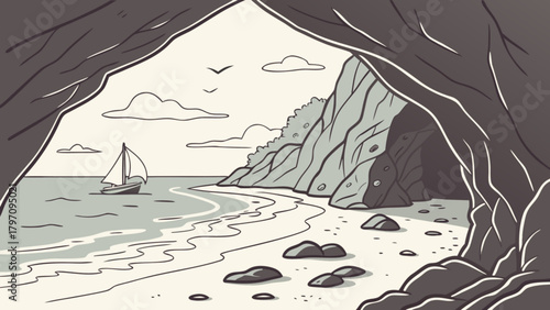 Minimilist view of a sailboat on the sea from a cave entrance with rocks and cliffs on a bright cloudy day scene vector