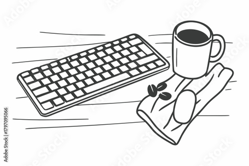 Minimilist keyboard and coffee cup on a wooden table in a simple black and white line drawing style image scene vector