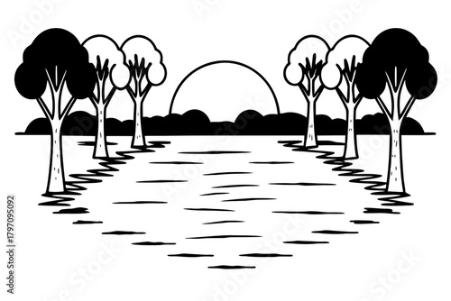 Minimilist illustration of a landscape with trees lining a path leading to a sunset in black and white style vector