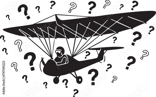 Isolated a kind of paraglider surrounded by question marks vector silhouette evoking uncertainty adventure and exploratory risks