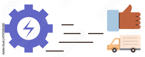 Gear with lightning bolt, motion lines toward thumbs-up and delivery truck, representing energy efficiency, reliability, approval, and progress. Ideal for logistics, energy, eco-friendly transport