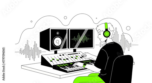 Creative music production session with sound engineer at desk with audio equipment