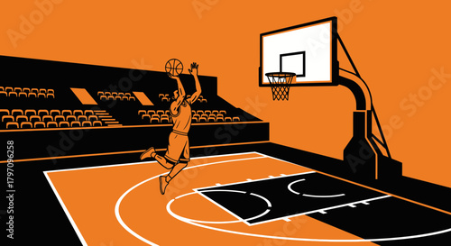 Dynamic basketball player in action jumping to score a point in a vibrant arena