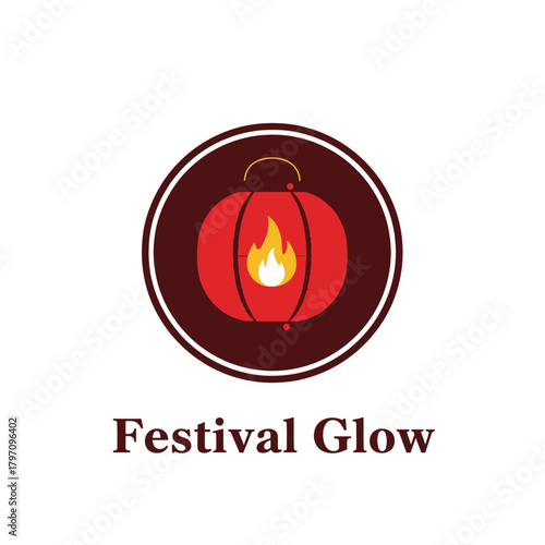 A red lantern with a flame inside enclosed in a dark circle against a white background with text