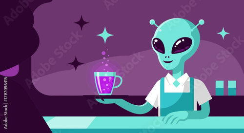 Extraterrestrial barista serving intergalactic brew in cosmic coffee shop illustration