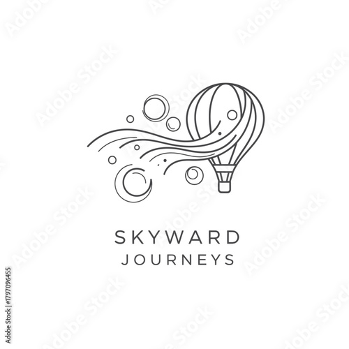 A minimalistic line art logo featuring a hot air balloon with flowing lines, circles and text beneath