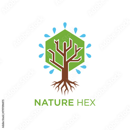 A geometric tree within a hexagon with blue water droplets, brown trunk, and green foliage