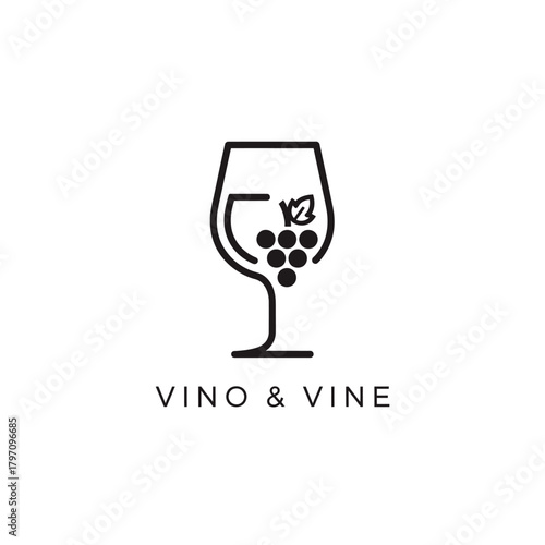 Minimalist logo features a wine glass silhouette with grapes and a leaf inside, and text below