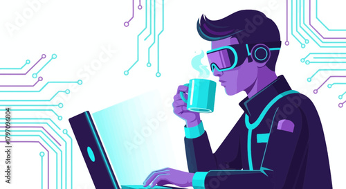 Modern virtual reality developer concept illustration with coffee break and technology integration
