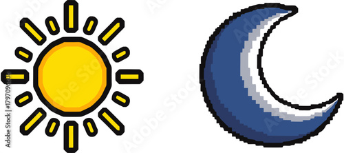 Cute pixel art sun and moon icons for weather apps or graphic design projects needing a retro touch