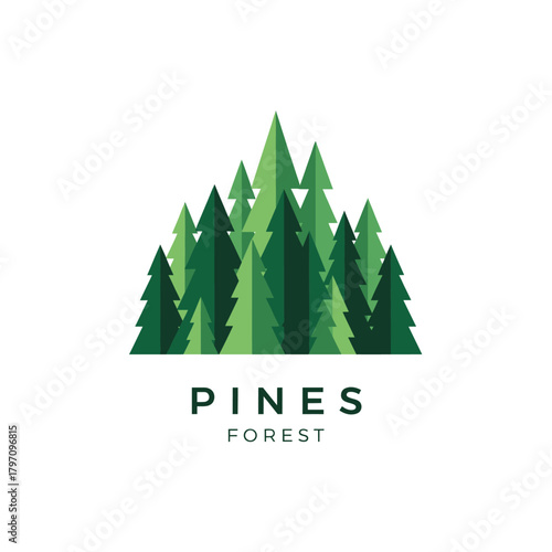 A logo design with layered green geometric pine trees, with "PINES" on top and "FOREST" below