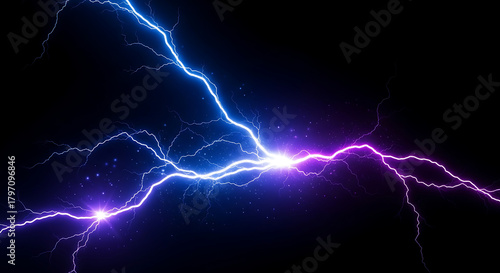 Dynamic electric lightning strike with vibrant blue and purple energy illuminating the darkness with sparks and energy