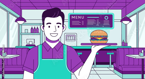 Retro diner scene with a cheerful waiter serving a classic burger offering great taste