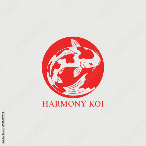 Stylized red and white koi carp icon within a red circle, the word "HARMONY KOI" appears below