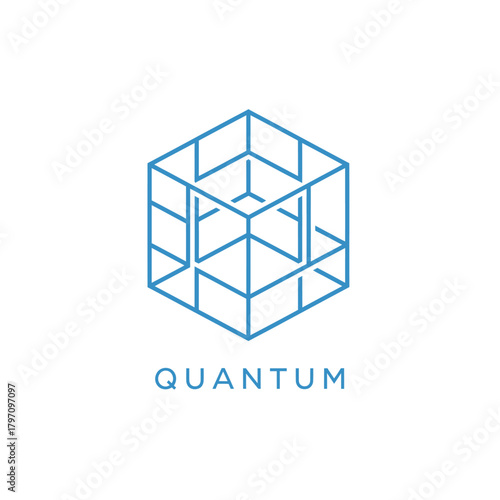 A geometric blue cube illustration, with lines forming a 3D effect, with the word "QUANTUM" below