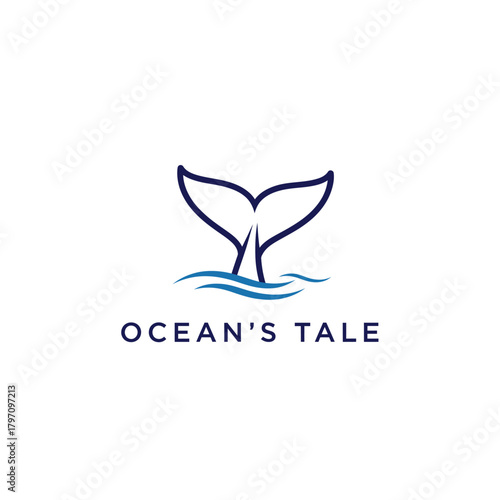 A dark blue whale tail rising above wavy water; text "Ocean's Tale" below, all on a white backdrop