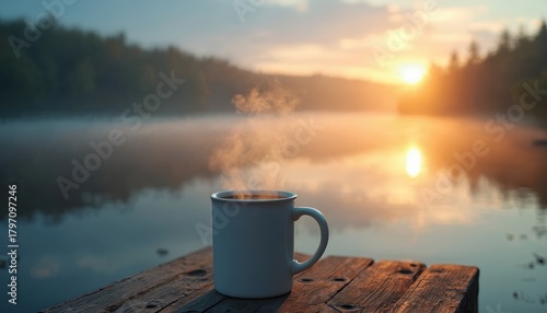 Fototapeta Naklejka Na Ścianę i Meble -  Steaming mug of coffee sits on wooden dock at misty lake sunrise. Warm steam rises into cool morning air. Serene water reflects golden sun. Calm nature scene invites peaceful contemplation,