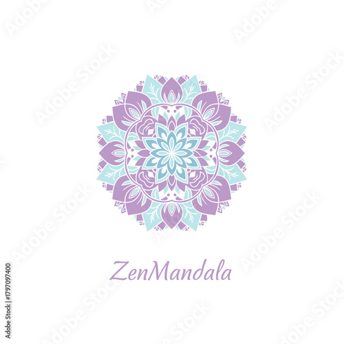 A symmetrical floral design with various shades of purple, blue, and white. Zen-inspired
