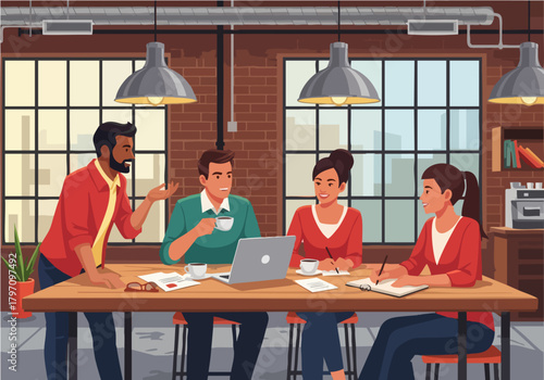 A diverse group of four colleagues collaborating around a table in a modern office, discussing ideas and working on a laptop.