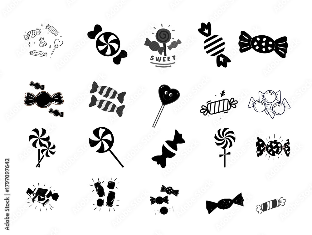 Fototapeta premium Collection of various candy silhouettes in black and white isolated on transparent background