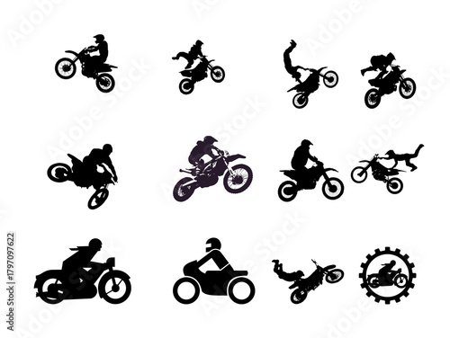 Collection of dynamic motocross rider silhouettes performing stunts isolated on transparent background