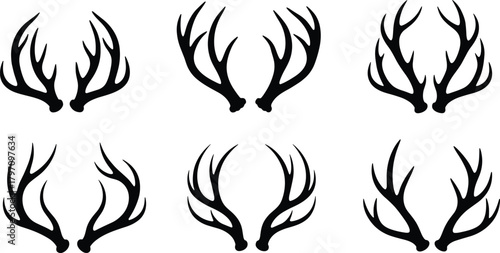 Set of six black vector deer antler silhouettes, isolated graphic icon collection, design elements for hunting logos, rustic decor, wildlife symbols, and Christmas design.