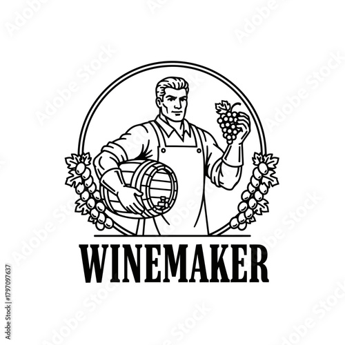 A stylized illustration of a winemaker holding a barrel and grapes inside a circular frame
