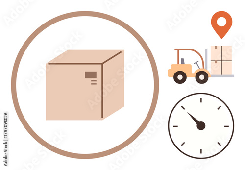 Cardboard box inside a circle, forklift moving boxes, clock, and location pin. Ideal for logistics, shipping, delivery, warehouse management supply chain efficiency customer service. Simplified