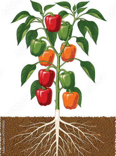 Vector illustration of a bell pepper plant, showing ripening red, green, and orange fruits, with a detailed view of the complete root system in a soil cross-section.