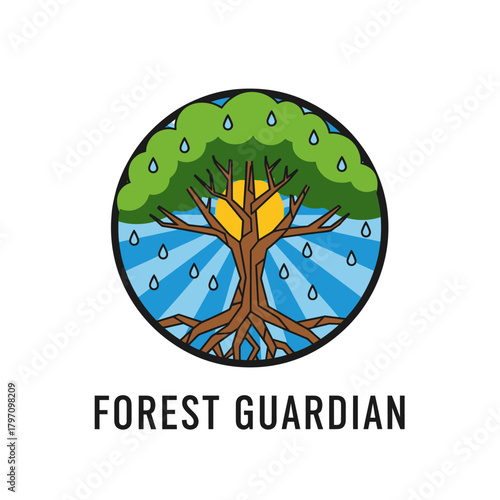 A vibrant, colorful illustration of a tree enclosed in a circle, with text, representing nature's protection