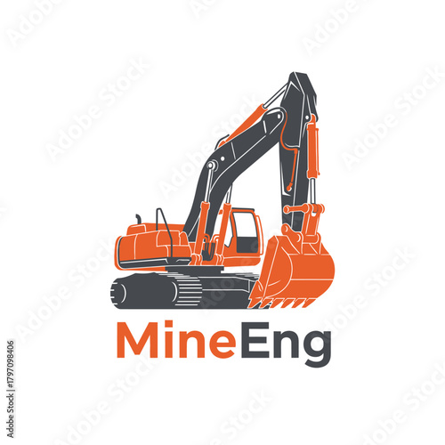 A stylized illustration of a construction excavator in orange and gray, set against a white backdrop