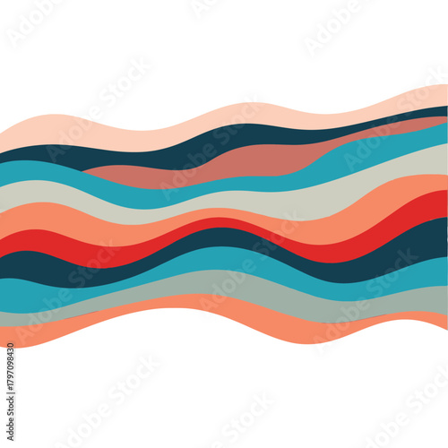 Colorful, layered, abstract design with wavy lines in various shades of blues, reds, and oranges