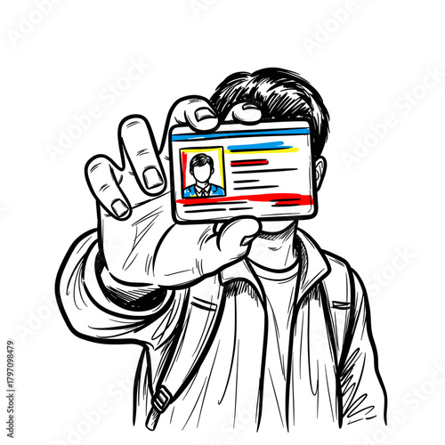 Student holding ID card while standing and looking confident indoors, concept of College Admissions   