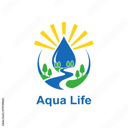 A logo of a water droplet with landscape inside. Yellow sun rays, river, trees, and text below