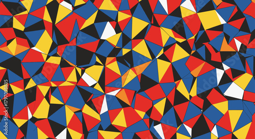 Abstract geometric artwork featuring a dense pattern of colorful, irregular polygon shapes