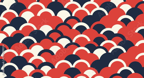 A vibrant seamless pattern featuring overlapping semi-circles in red, white, and navy blue