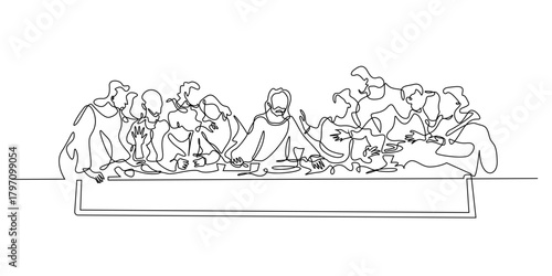 continuous line of jesus in the last supper.a group of people gathered around a long table.one line drawing of religious themes,concept art history of christian religion.