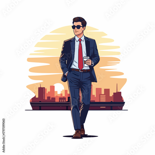 stylish businessman walking with coffee in city sunset illustration