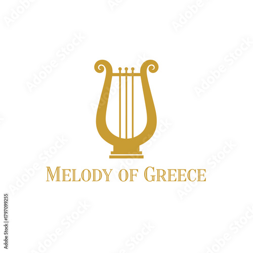 A classical golden lyre with text on a white background, representing music and harmony
