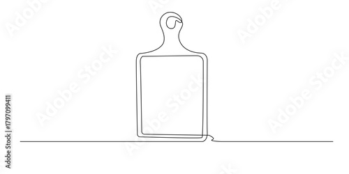 Continuous line illustration of a wooden cutting board.
One line drawing in a simple minimalist style, suitable for culinary themes, kitchen design, and modern decor.