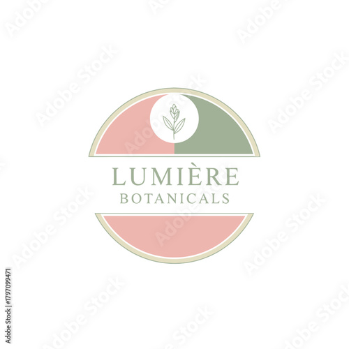A logo design with a botanical theme featuring a floral emblem and pastel color palette