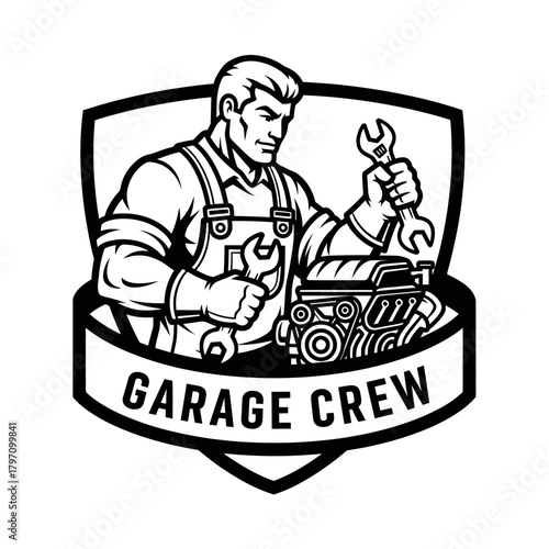 A mechanic in overalls holding wrenches, standing near an engine, and logo says "GARAGE CREW