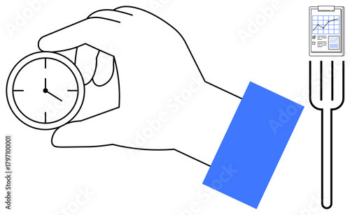 Hand grasping clock for punctuality, fork indicating breaks, clipboard presenting analysis. Ideal for time management, work-life balance, organization, productivity, prioritization, strategy