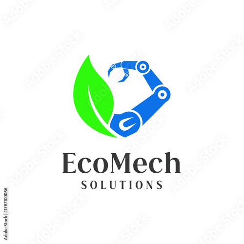 A logo design blending a green leaf and blue robotic arm, symbolizing technology and nature