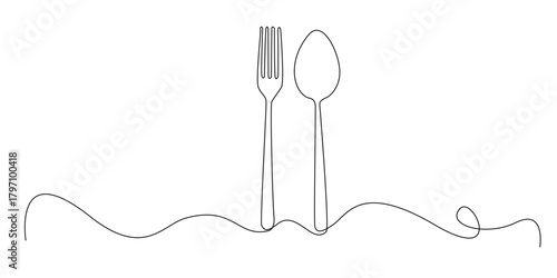 Continuous line illustration of a fork and spoon standing side by side.
One line drawing in a simple minimalist style, suitable for culinary themes, restaurant design.
