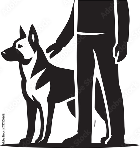 Stylized graphic vector icon of a person with a German shepherd dog, representing human-animal bond, loyalty, and companionship.