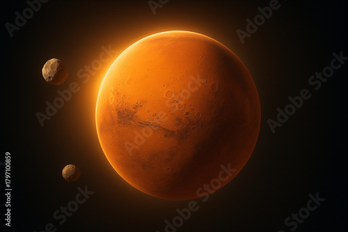 Vector Illustration of Phobos and Deimos moving around Soft Glowed Mars