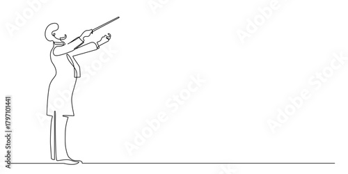 Continuous line drawing orchestra conductor leading with a baton.One line drawing illustrating a conductor directing a musical performance to depict leadership, rhythm,harmony,and artistic expression