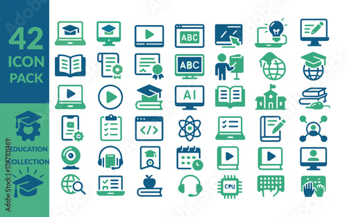 42 Online Education Icon Pack. E-Learning Collection, Digital University and Remote Study Vector Set. Knowledge Acquisition.